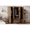 Freestanding 4 Door Wardrobe Armoire with 2 Drawers and Hanging Rods for Clothes Storage