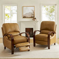 Set of 2 Alex Mid Century Modern Genuine Leather Manual Recliners with Curved Wooden Arms